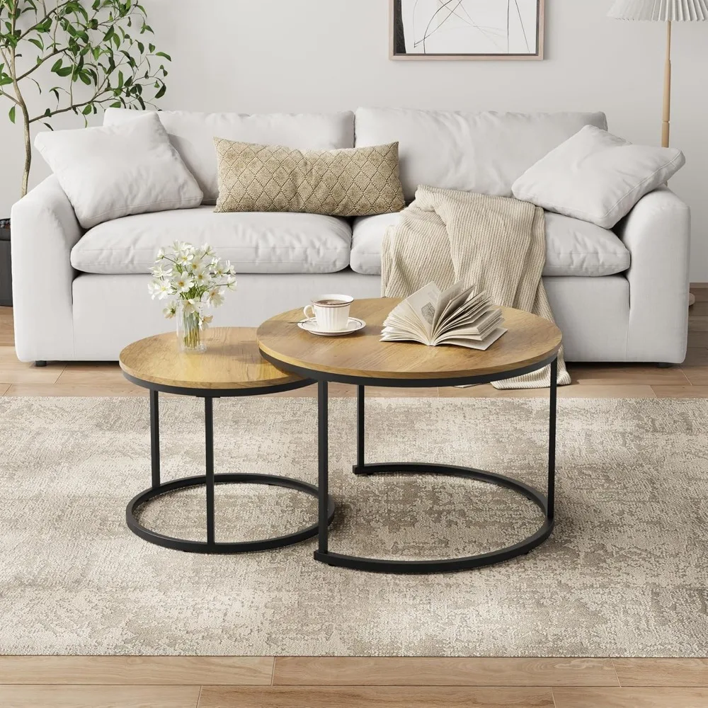 Round Wood Grain Coffee Table Set of 2 with Adjustable Feet, Industrial Style, Non-Slip Stability, Nesting End Tables
