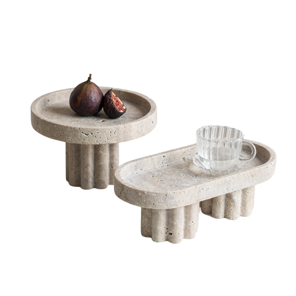 Spiral Roman Column French Wabi Sabi Natural Travertine Tray High Foot Fruit Basin Marble Decorative Storage Trays Scallop