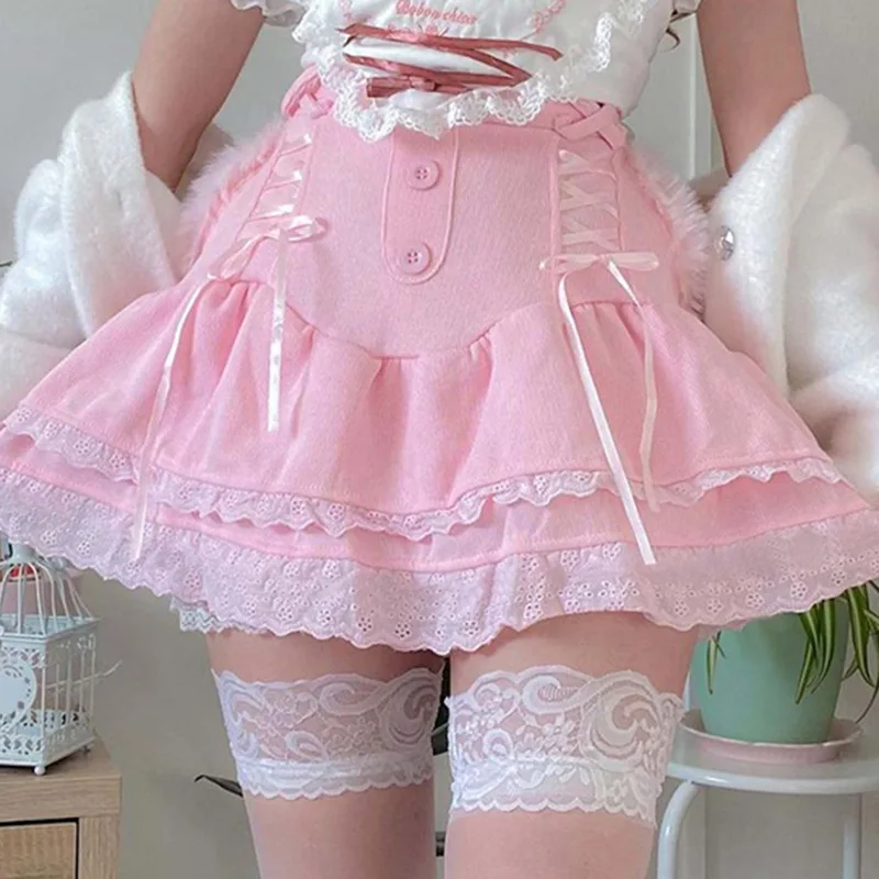 Pink Lolita Mini Skirt for Women, Sexy Irregular Strap, Dark Lace Patch, Pleated Skirt, Casual High Waist, Bandage, Gothic Dress