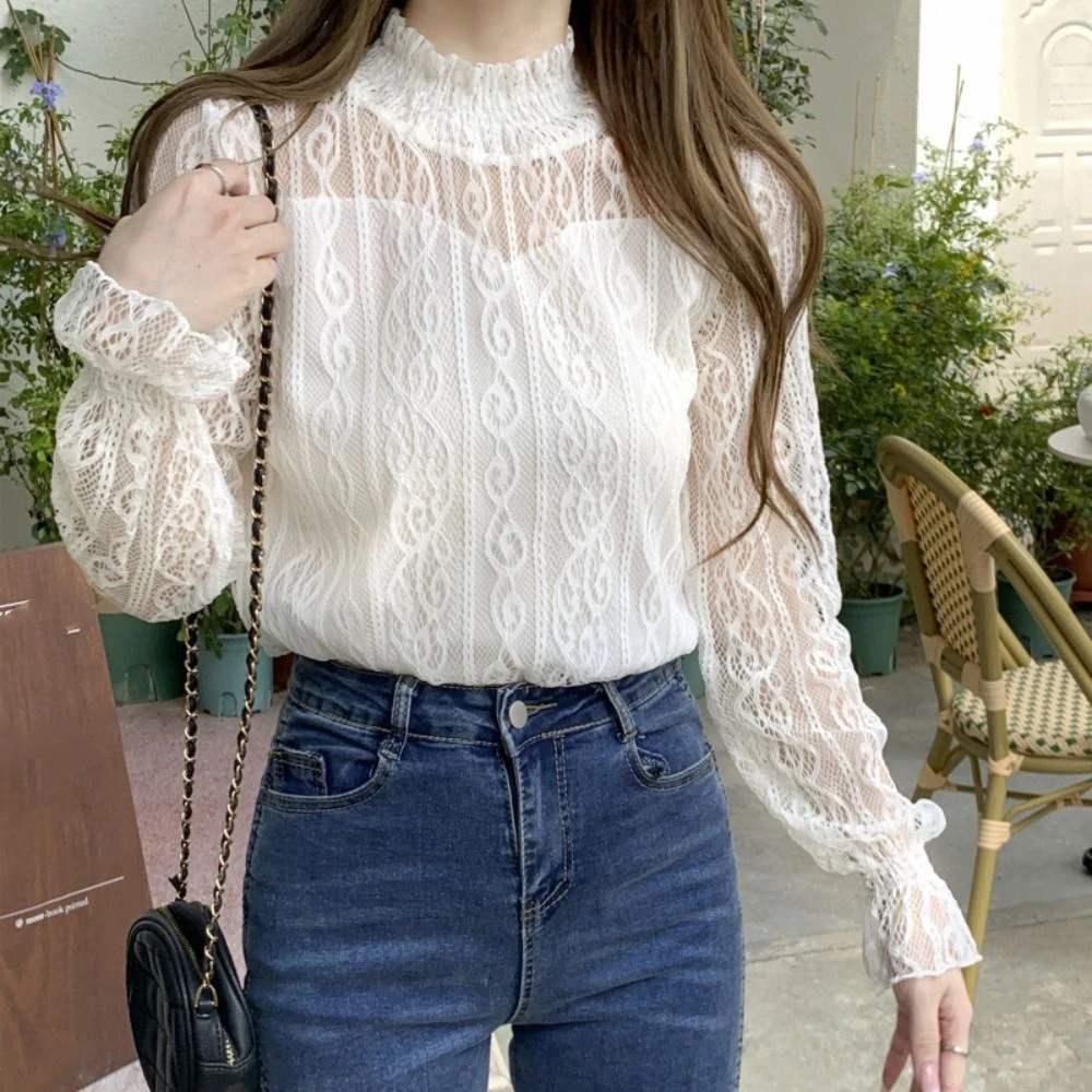 

Pullover Lace Flower Top Women Half High Collar See Through Transparent Long Sleeved Top Blouse Beach Shirts