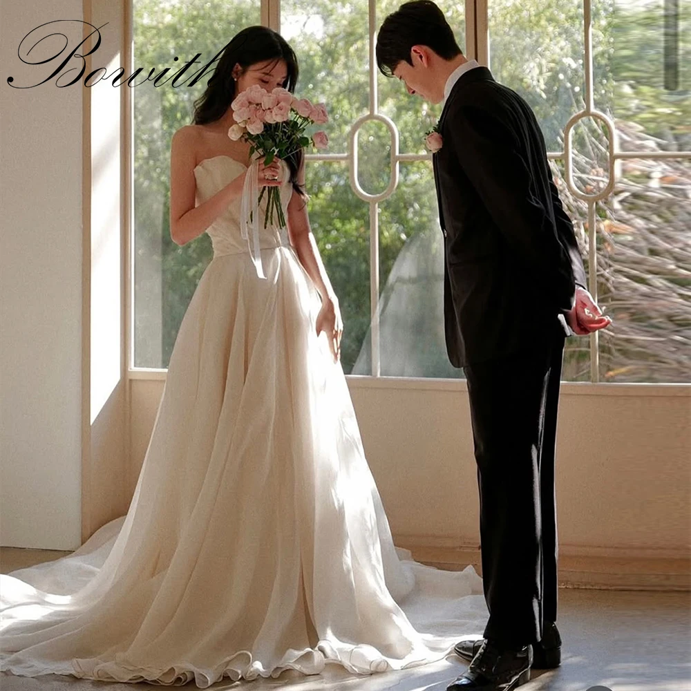 

Элегантные корейские свадебные платья без бретелек Bowith, индивидуальное свадебное платье со шлейфом, трапециевидное свадебное платье с корсетом на спине