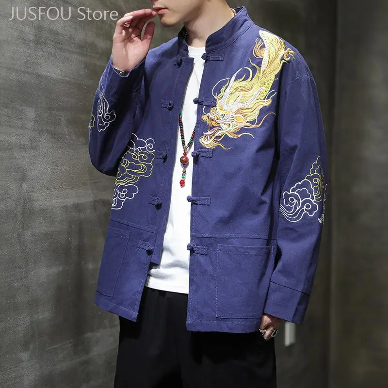 Men Linen Tang Suit Jacket Chinese Style Dragon Embroidery Frog Button Vintage Long Sleeve Loose Kung Fu Top Plus Size 4Xl 5Xl