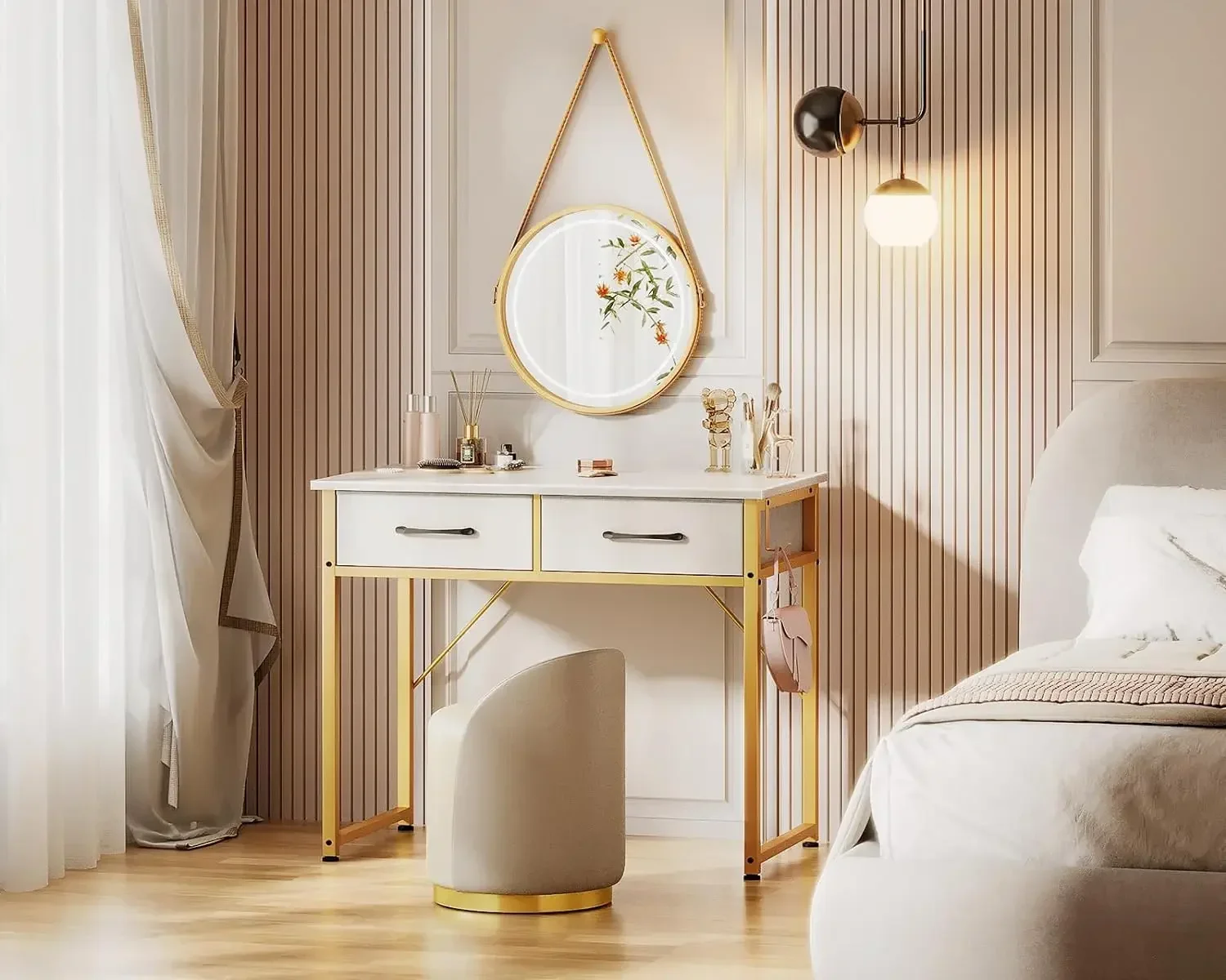 

A Small Makeup Vanity 2 Fabric Drawers Vanity Set Dressing Table With Versatile Hook For Bedroom