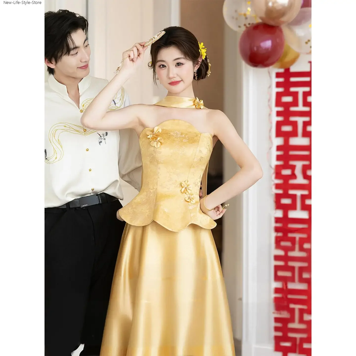 Women Strapless New Chinese Style Bridal Dress Luxury Minimalist Wedding Toast Robe Elegant Engagement Photo Registry Dress