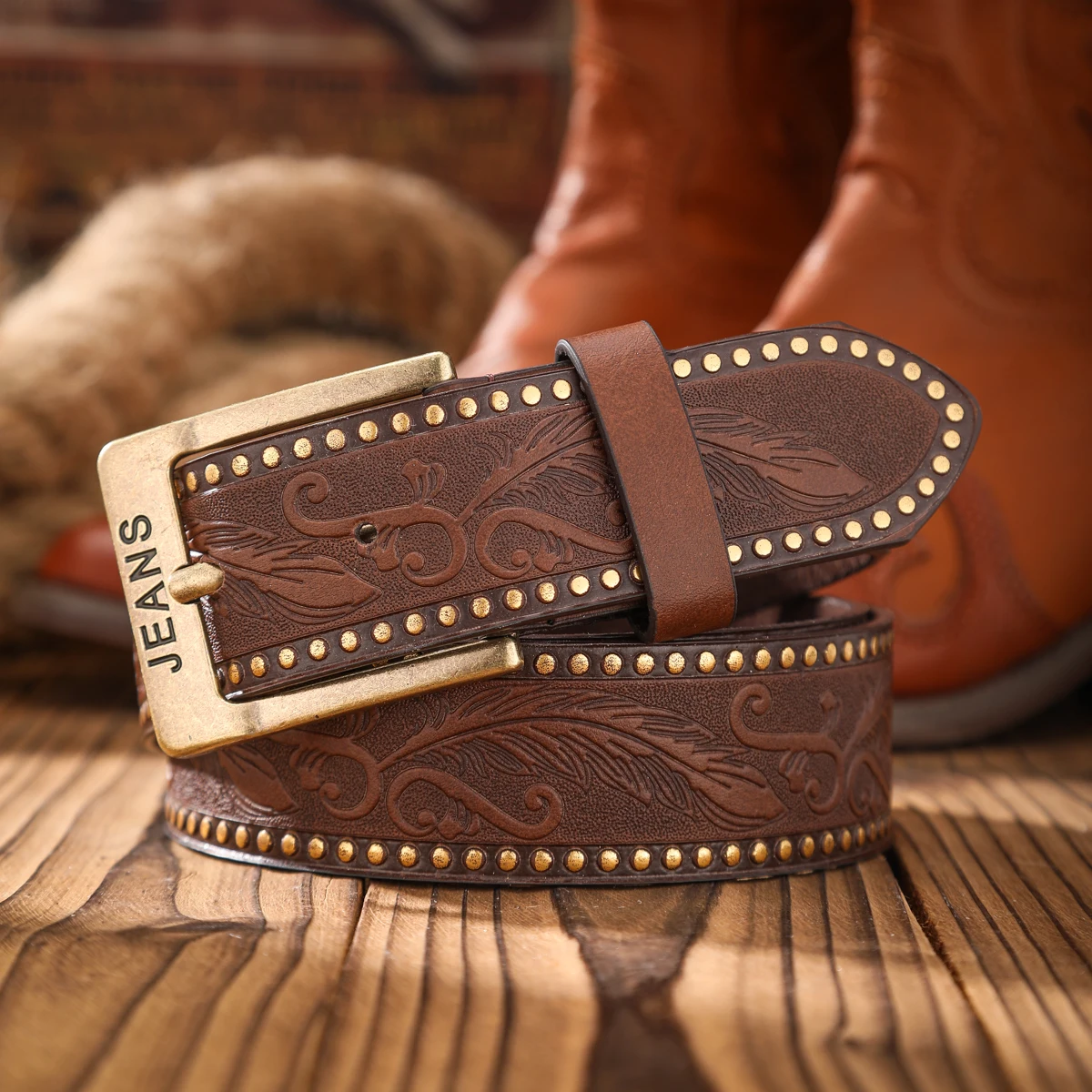 1 Piece Casual Retro PU Embossed Belt Suitable for Both Men and Women, with a Western Cowboy Style and Button Fastening