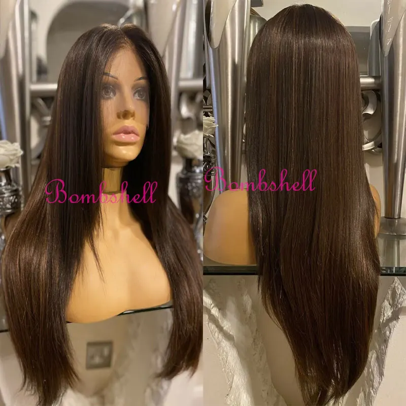 

Dark Brown Straight Synthetic 13*4 Lace Front Wigs High Quality Heat Resistant Fiber Hair Middle Parting For Women Daily Use Wig