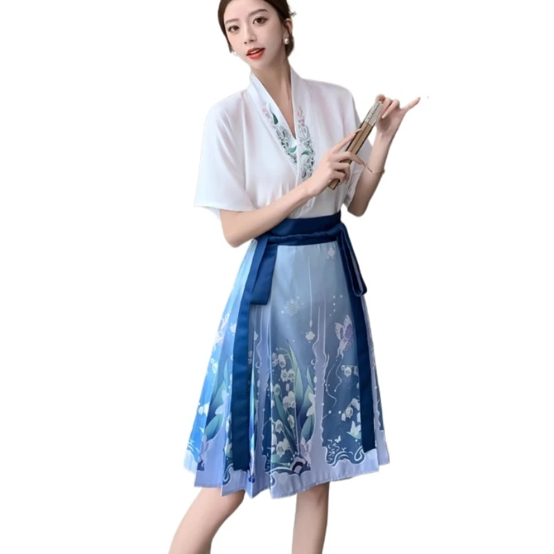 New Chinese Style Horse-Face Skirt Sets Women\'s Summer Thin Suit 2024 New Improved Short Hanfu Chinese Style Blouse and Skirt