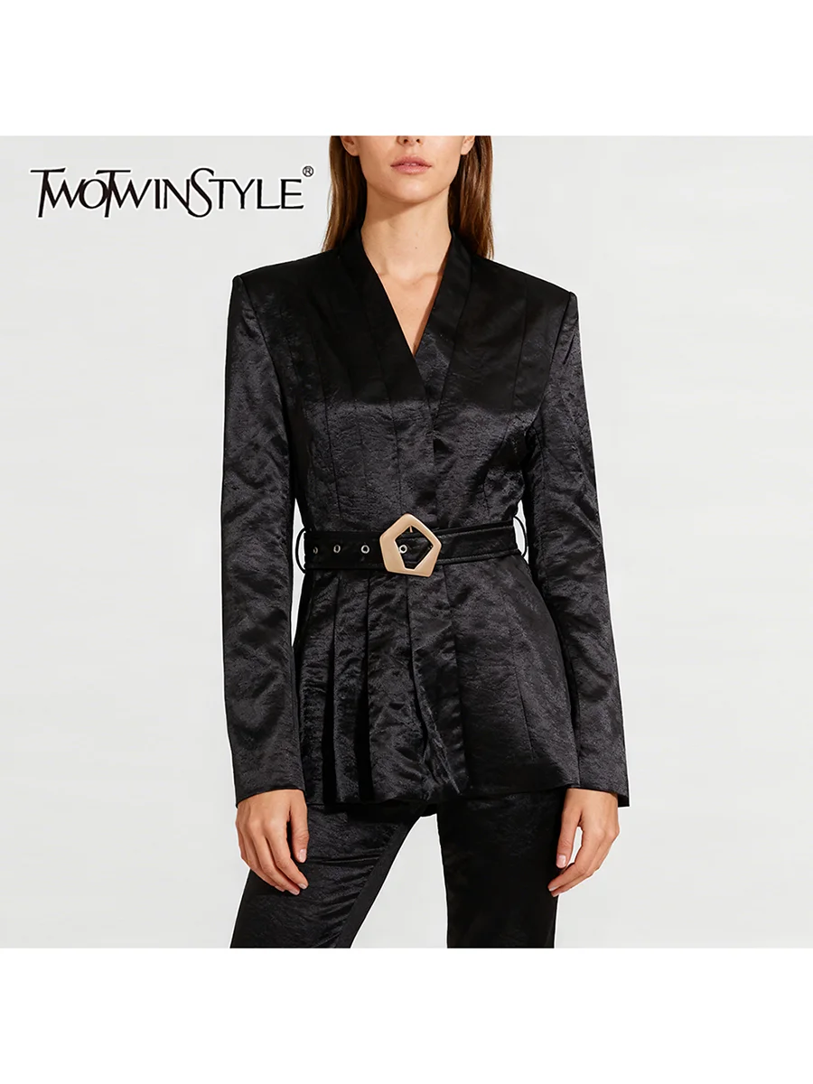 TWOTWINSTYLE Solid Slimming Spliced Belt Minimalist Blazer for Women V Neck Long Sleeves Patchwork Pleating Blazers Female New