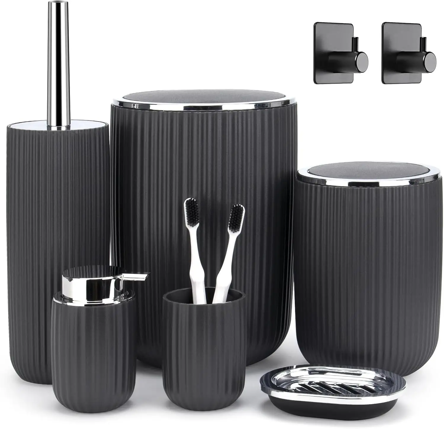 

Modern 8-Piece Bathroom Set with Trash Can, Toilet Brush, Soap Dispenser, Toothbrush Holder, and Adhesive Hook in Grey