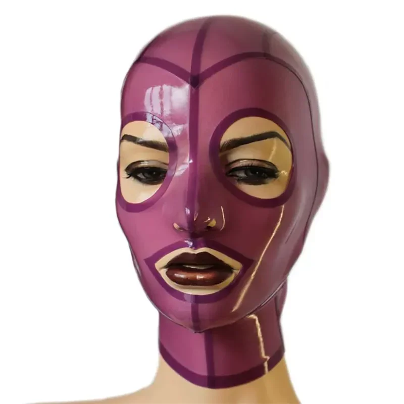 Transparant Paars Latex Kap Sexy Fetish Masker Open Ogen en Mond met Rits aan de achterkant voor Halloween Cosplay Kostuums