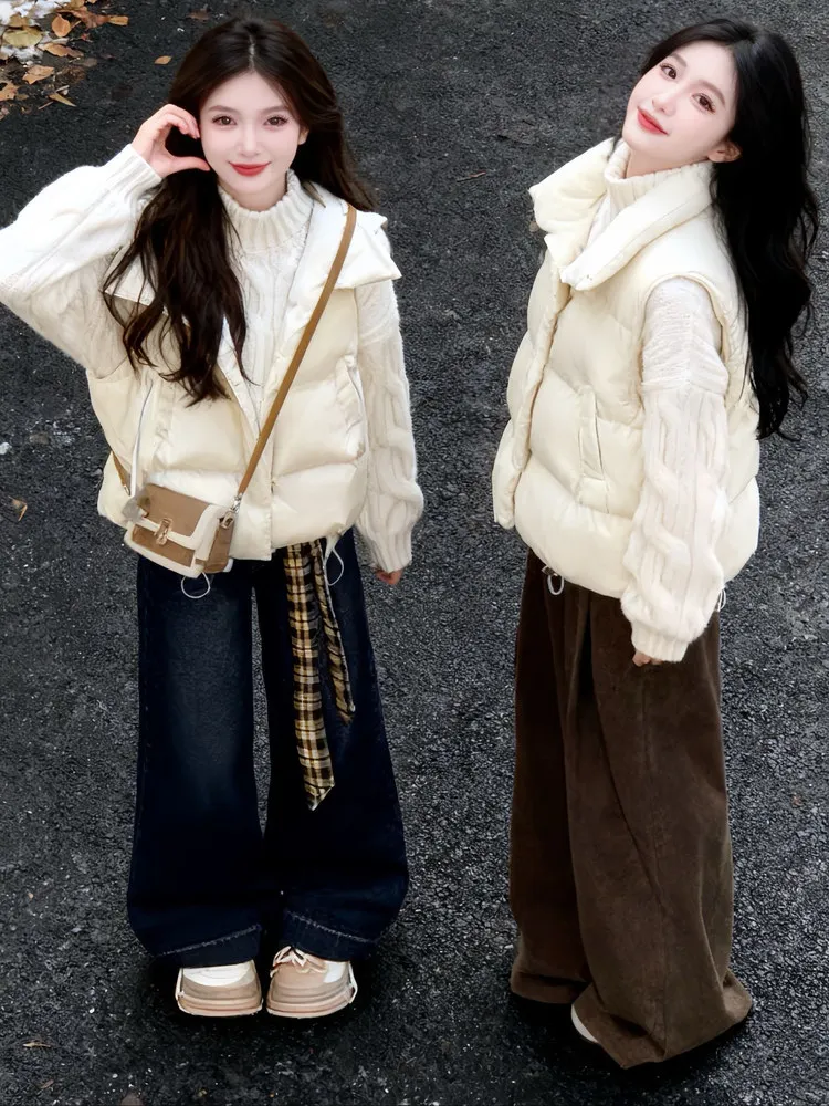 

Winter Casual Knitted Cotton Vest Top Wide Leg Jeans Tee Piece Set Women's Faion Warm Loose Fit Sle Casual Ensemble