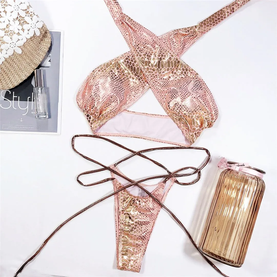 2026 Glänzender Neckholder-Tanga-Bikini Damen-Bademode Zweiteiliger Bikini-Set Wickel-Badeanzug Badebekleidung V2089 – Detail 13