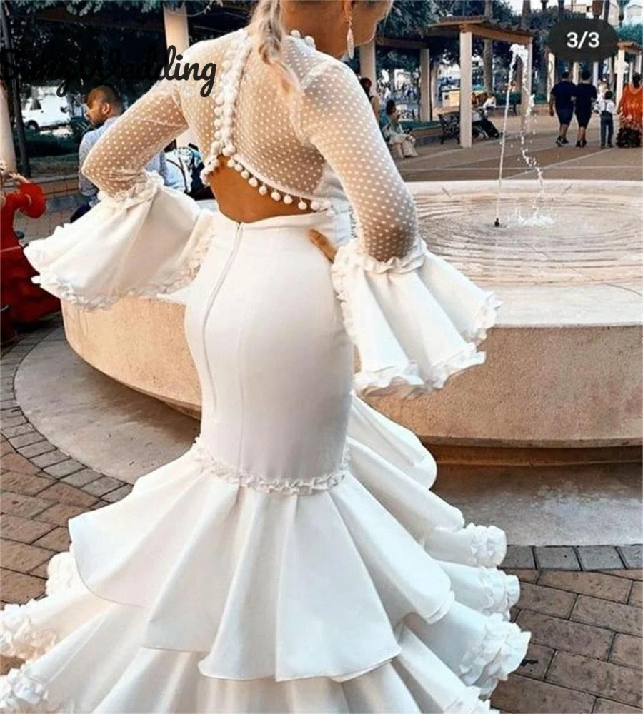 Ivory Mermaid Prom Dresses Flamenca Formal Dance Dresses Fairy Long Sleeve Polka Dots Illusion Mesh Spanish Evening Dress