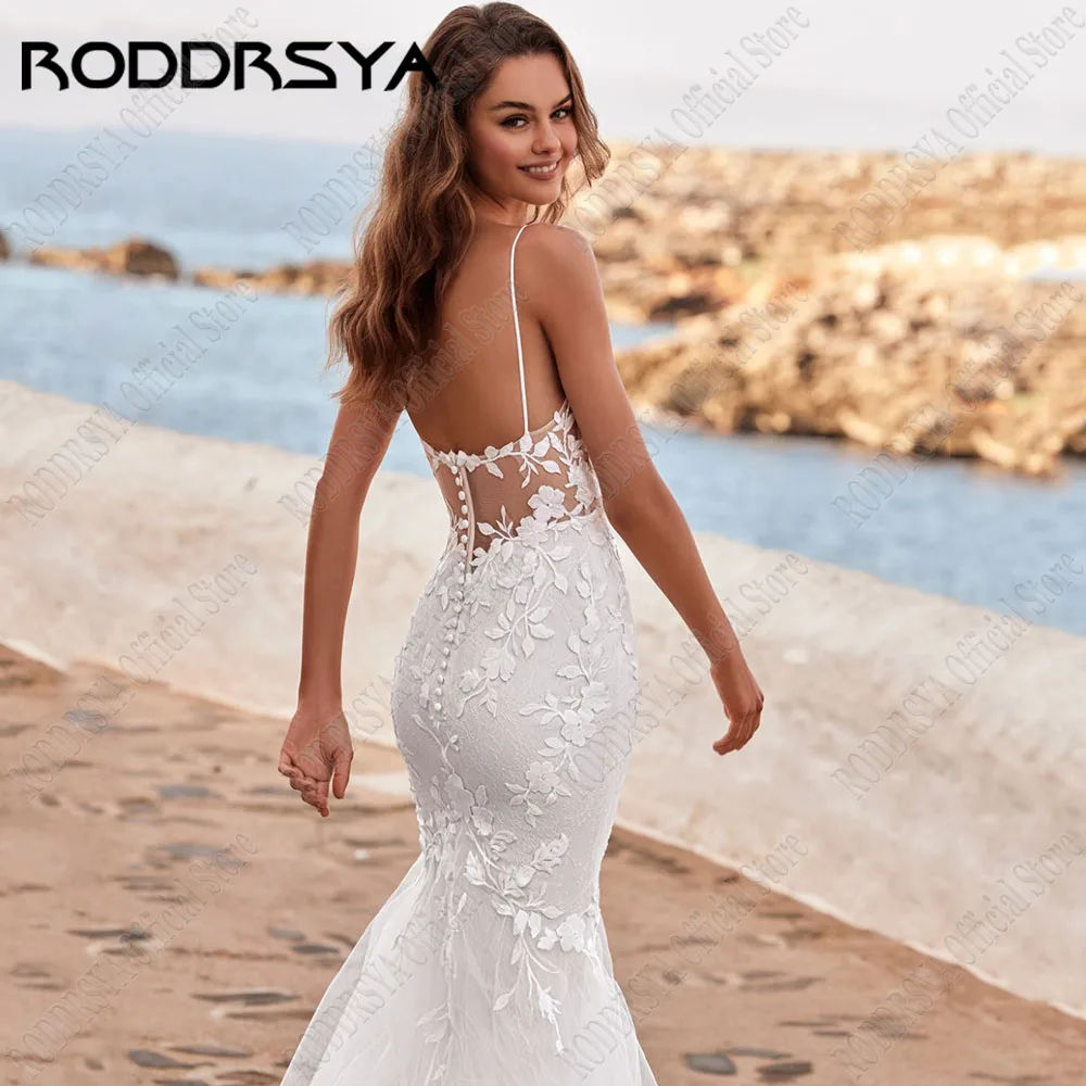 RODDRSYA Zeemeermin Trouwjurk Vrouwen Sexy Diepe V-hals Spaghettibandjes Bruidsjurk Appliques Illusie Backless Vestids De NoviaRODDRSYA Zeemeermin Bruidsjurk Vrouwen Sexy Diepe V-hals Spaghetti Riemen Bruidsjurk Appliq