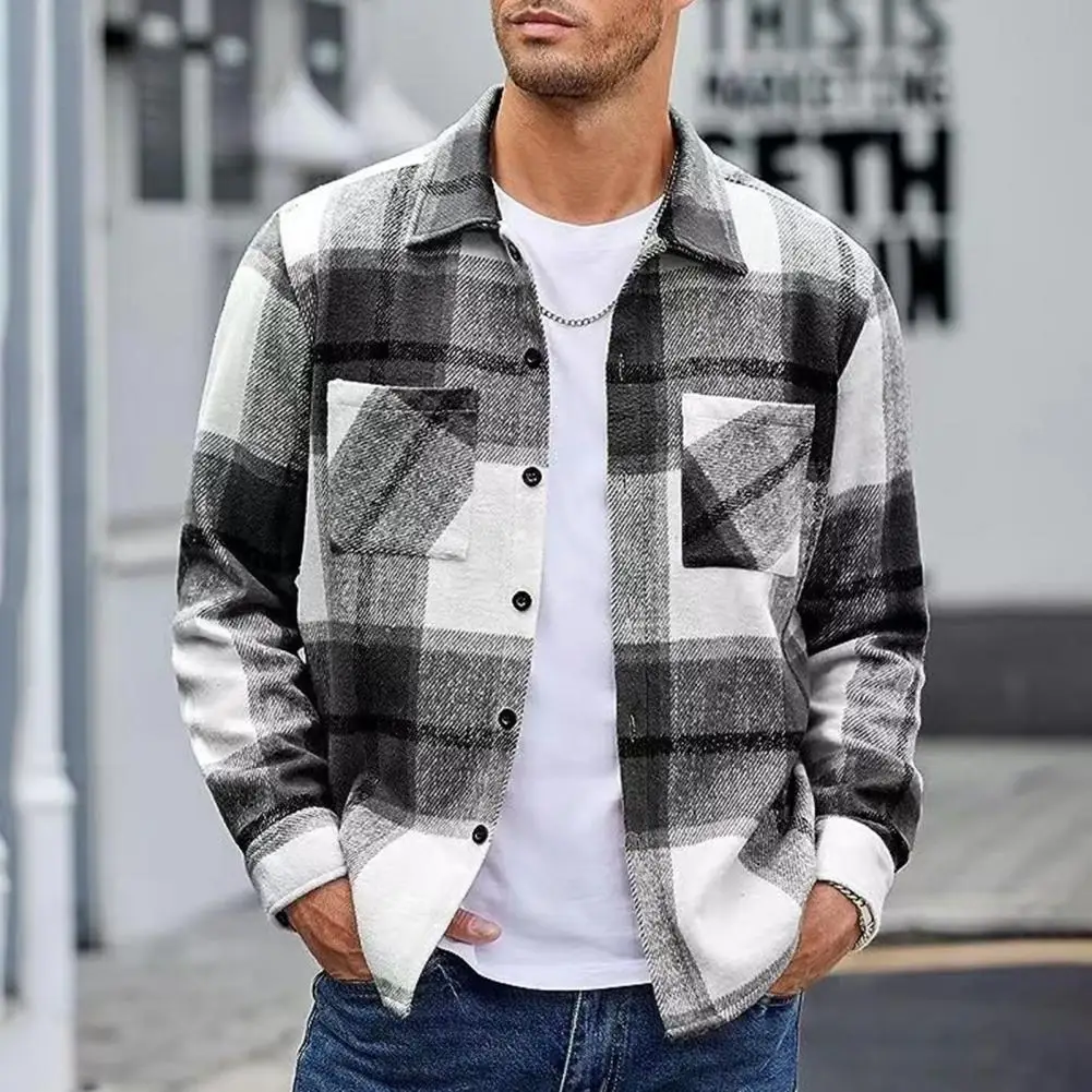 Lapel Long Sleeve Shirt Jacket Men Vintage Shirt Jacket Men\'s Plaid Print Shirt Coat Autumn Winter Lapel Long Sleeve Jacket