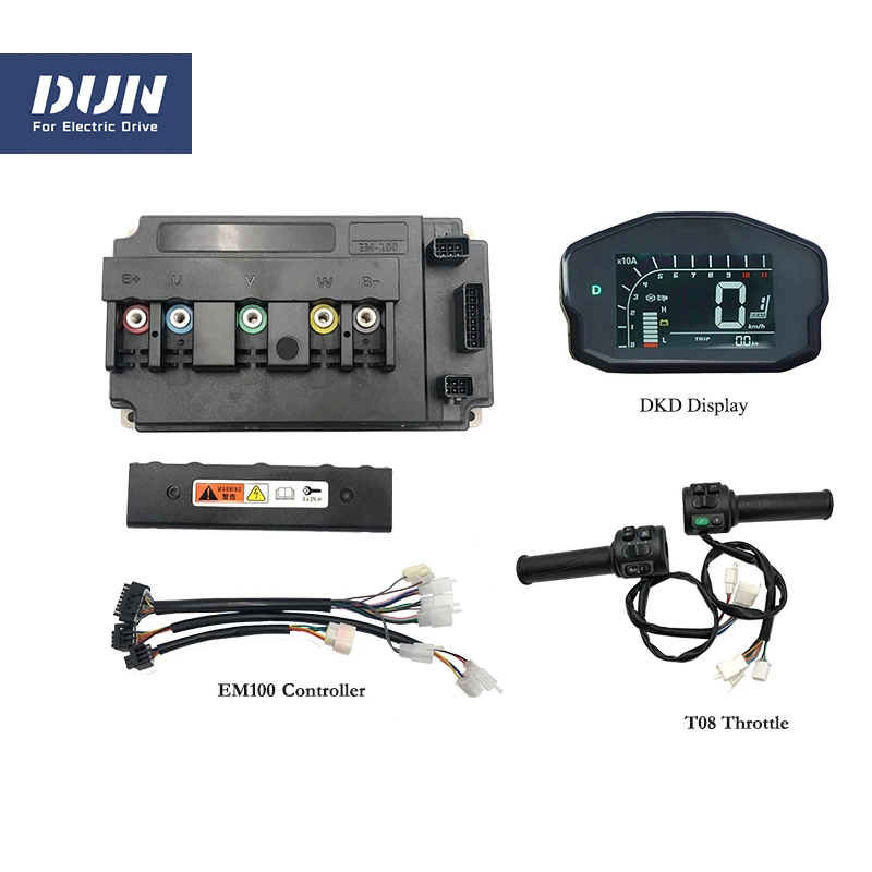 DUN/VOTOL EM100 100A DC 2KW 3KW Sine Wave BLDC Controller Kit with DKD LCD One-Lin Speedometer and T08 Multifunction Throttle