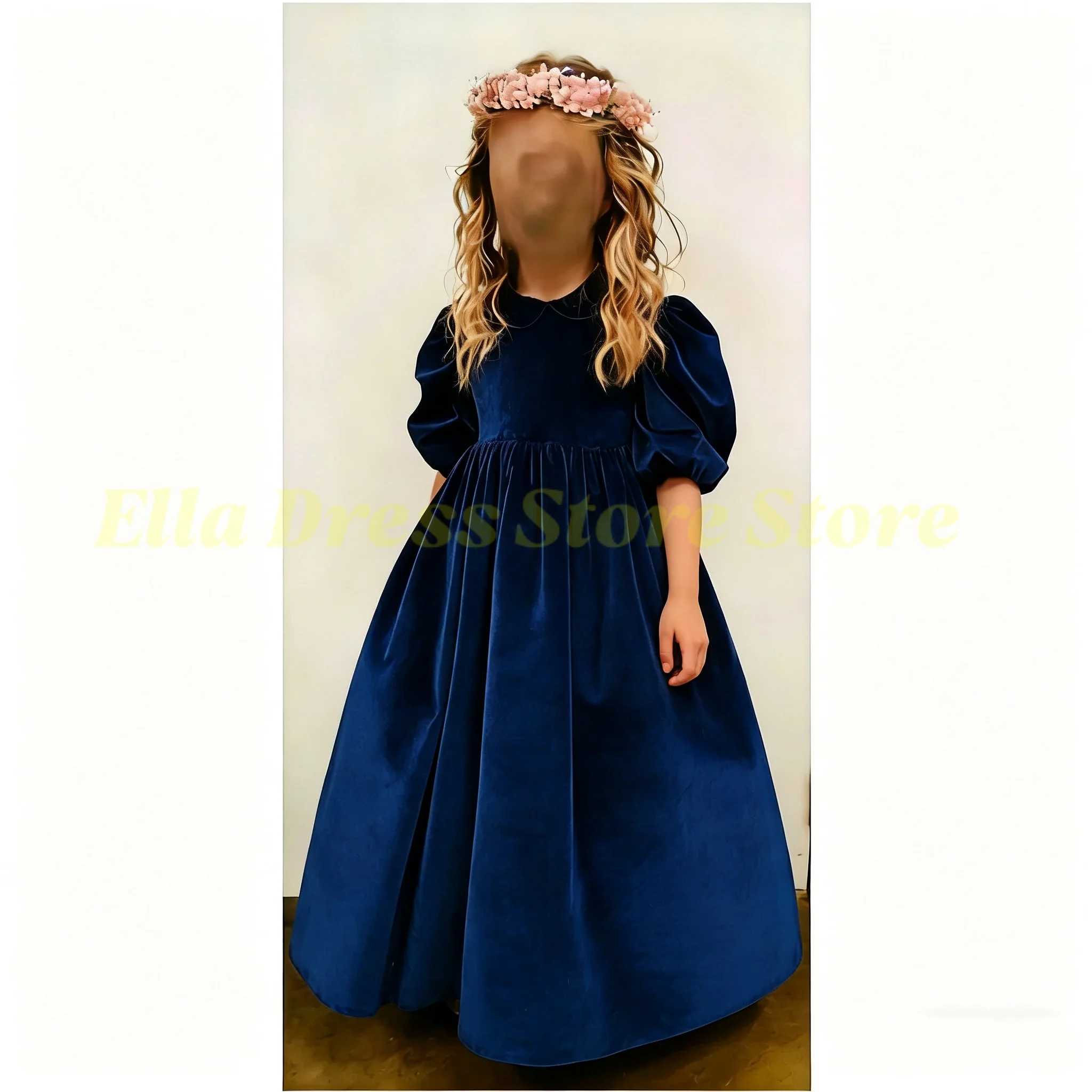 Großhandel Maßgeschneidertes Samt-Partykleid mit Stehkragen und Puffärmeln, Blumenmädchenkleid mit Schleife, Maßgefertigtes Kinder-Festkleid für die Kommunion – Detail 2