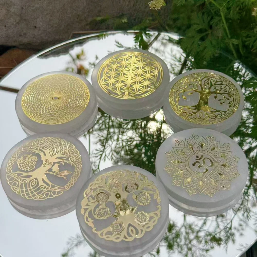 Natural Selenite Charging Plate with Gold Sacred Geometry Tree of Life Om Symbol for Crystal Cleansing & Energy Healing