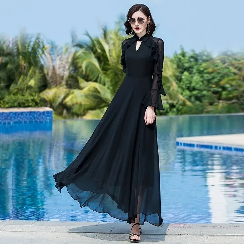 

2024 Spring Summer New Beach Long Dresses Women's Fashion Slim Elegant High Sense Long Sleeve Seaside Holiday Dress