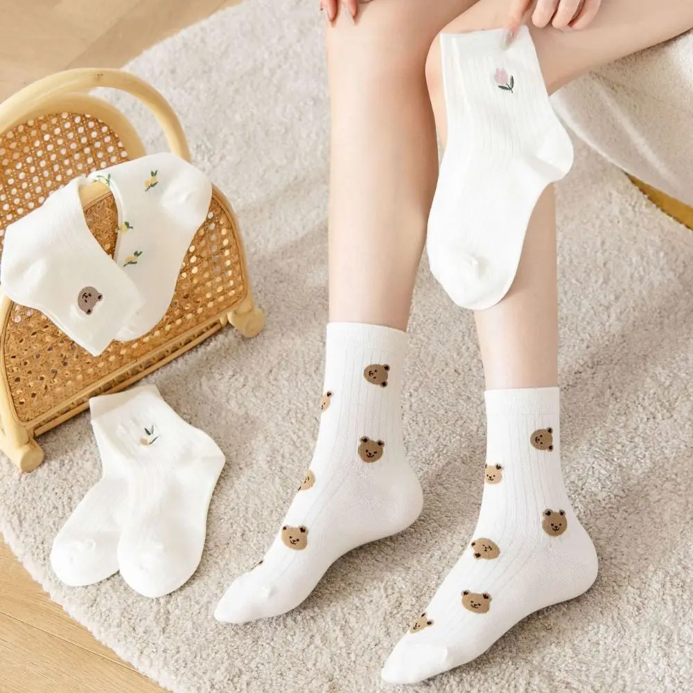 Fashion Cartoon Embroidery Bear socks Thin Mid-calf Flower Ankle Socks JK Lolita Summer Tube Socks Streetwear