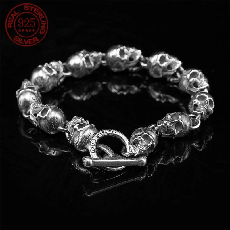 

S925 Silver American Garber Style Handmade Skull Motorcycle Hand String Trend Men's and Women's Skeleton Vintage Punk Bracelet