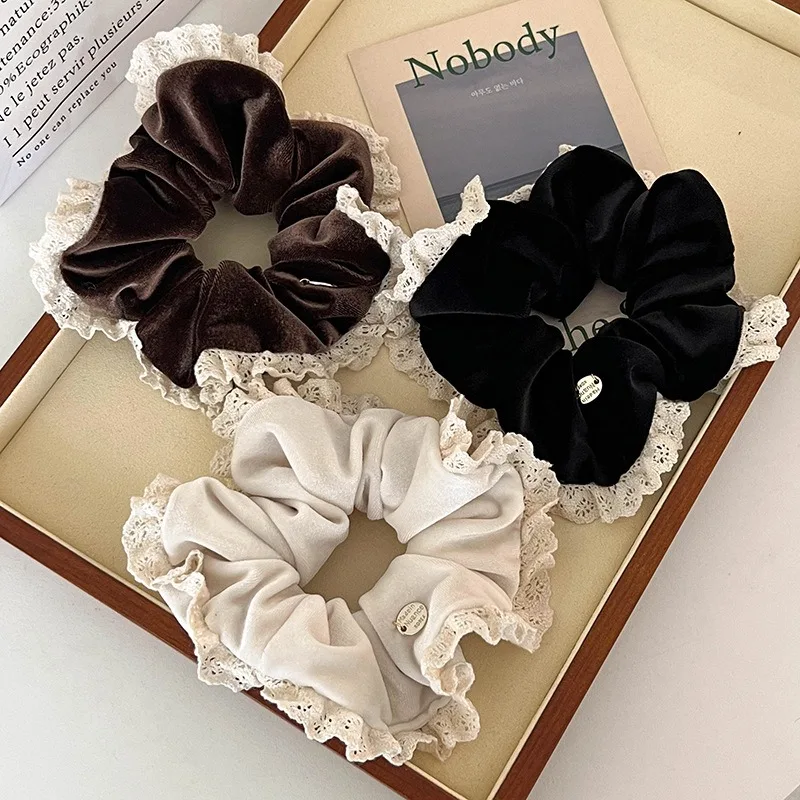 2024 Korea Elegant Lace Velvet Scrunchies Women Girls Elastic Hair Rubber Band Accessories Tie Hair Ring Rope Headdress Headwear