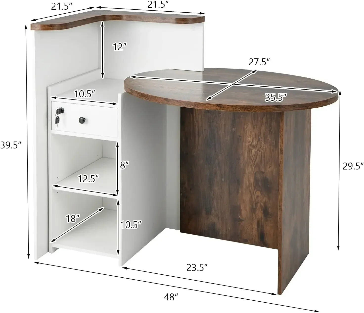 Reception Desk, Front Counter Desk with Lockable Drawer & Adjustable Shelf, Oval Desktop, Retail Counter
