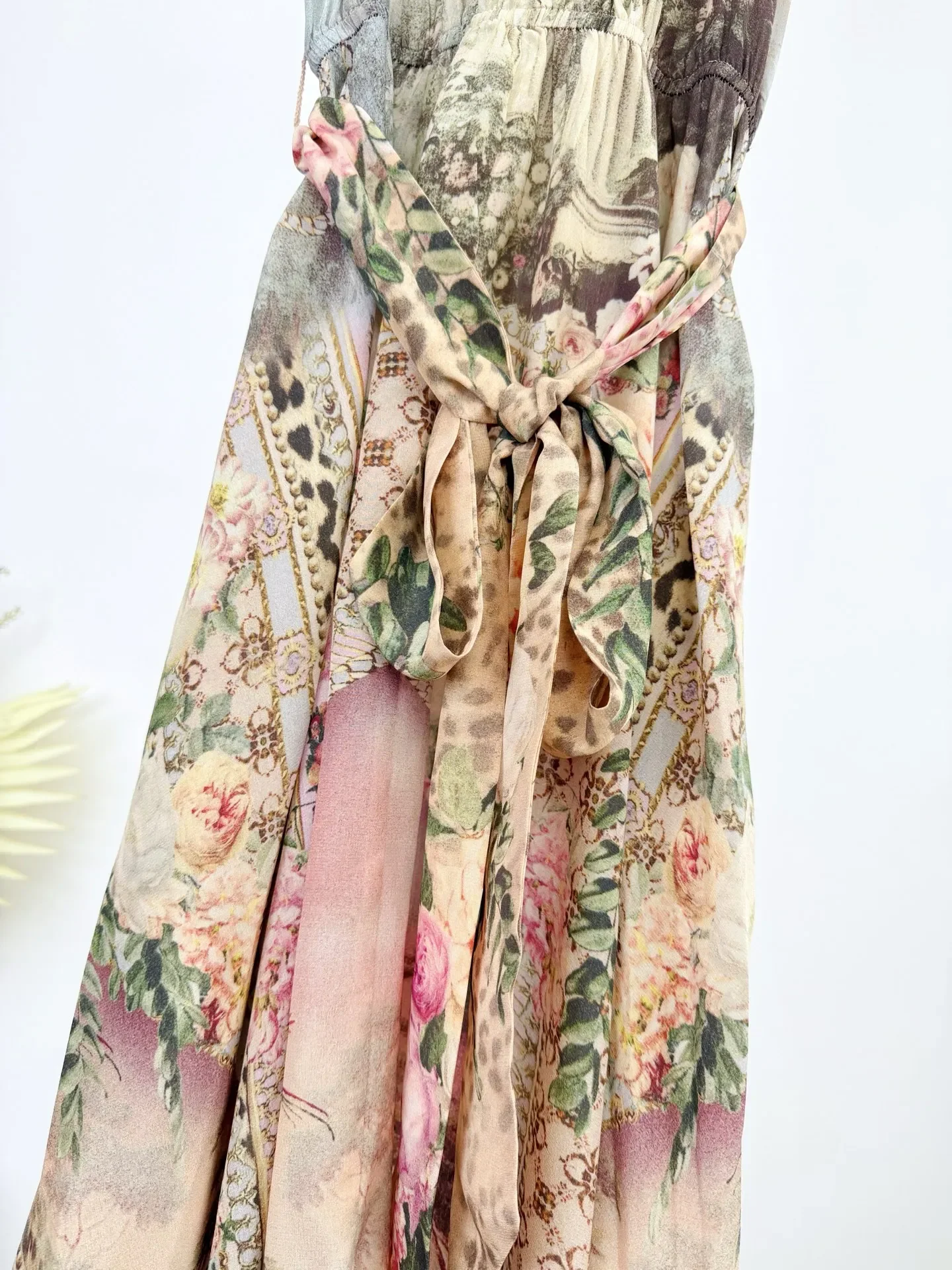 Retro Floral Print Frauen Maxi Kleid Kristall Perlen Band Stehkragen Ärmellose Spitze-up Taille Elegante Damen 100% seide Robe