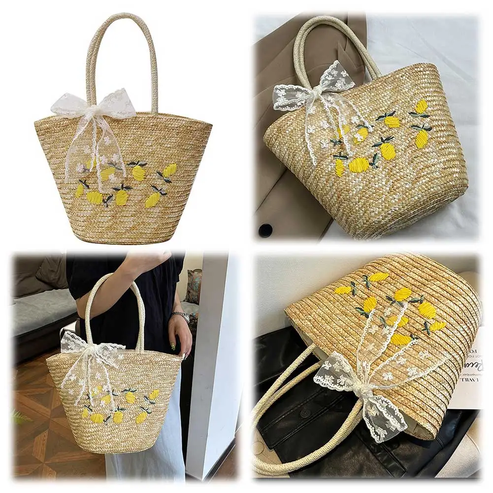 Women Summer Straw Bag Large Capacity Hand-Woven Tote Handbag Zipper Closure Fruit Embroidery Basket Bag Female Shopping Bag