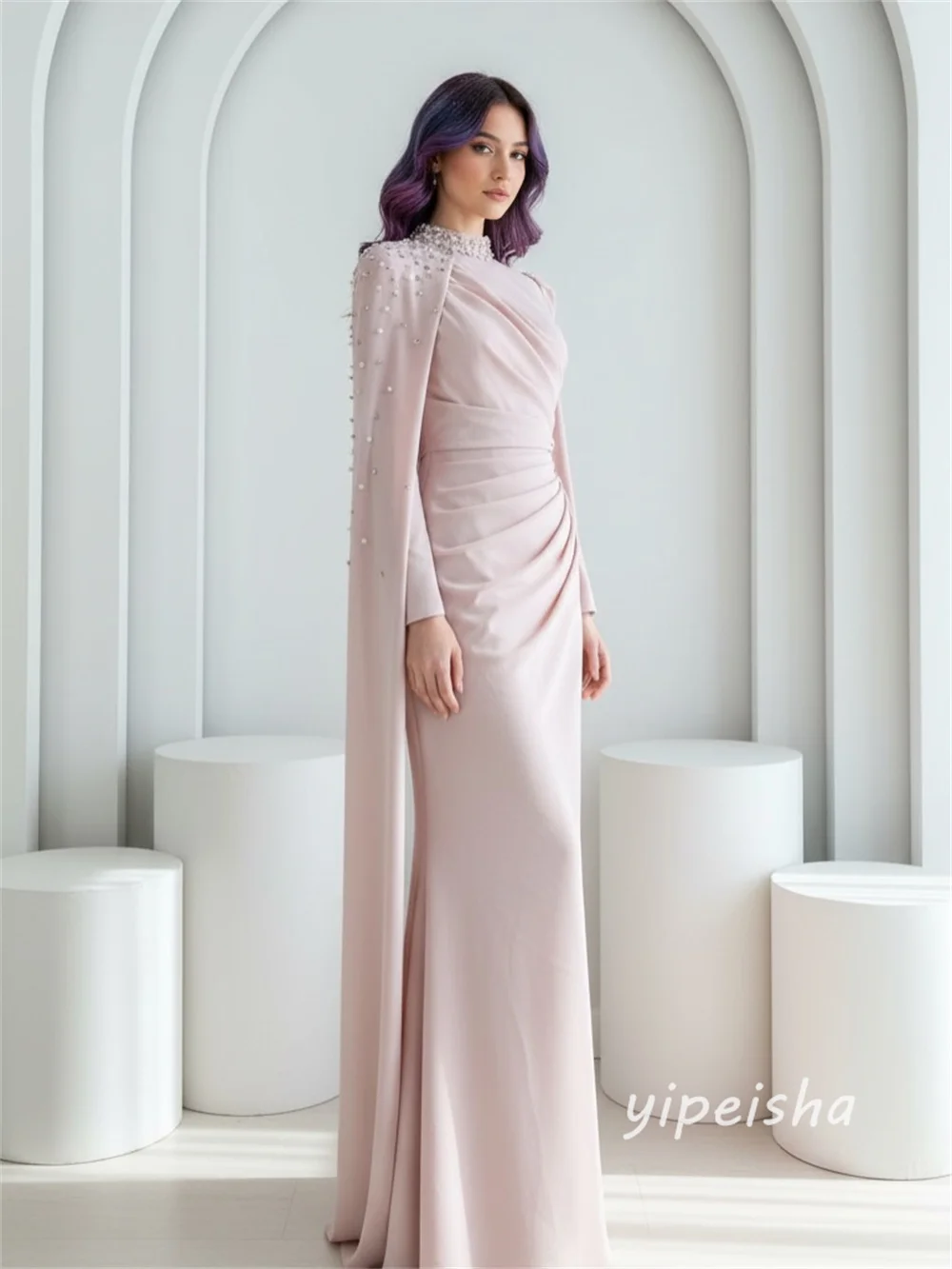 Sukienki wieczorowe dla kobiet, szyte na miarę, wykwintne, eleganckie, z dżerseju, zdobione perłami i kryształkami, drapowane, o kroju litery A, z wysokim kołnierzem, długie, modne.