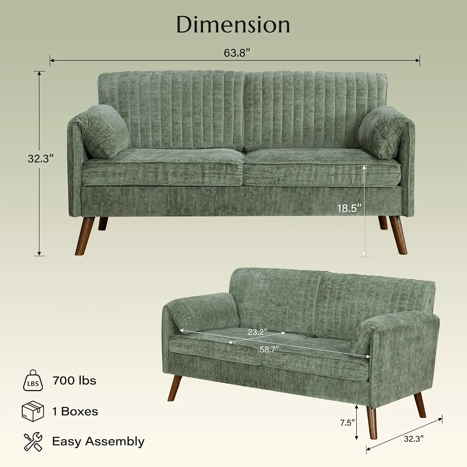 Modern Loveseat Couch, 64-Inch Chenille 2-Seater Sofa with Padded Arms, Green