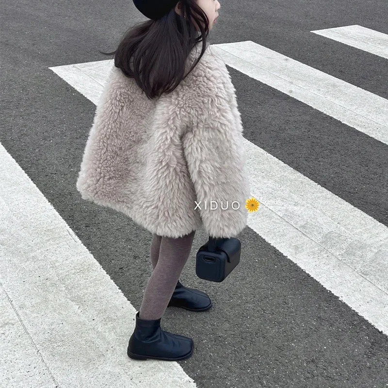 

Girls Coat 2024 New Autumn and Winter Korean Edition Warm Lamb Wool Children Fur Coat Fashion Simple Casual Clothes Coat