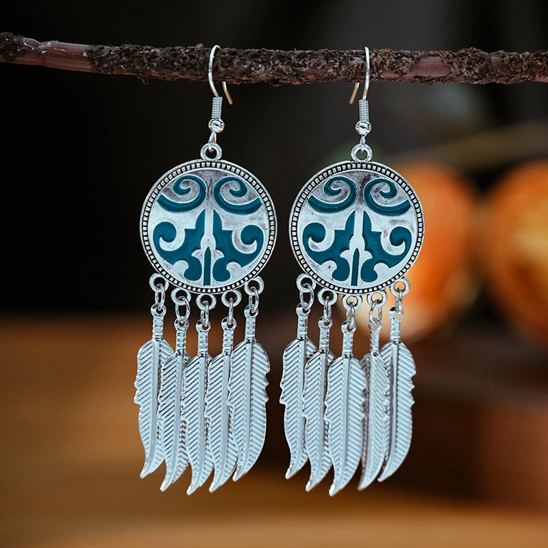 Vintage Ethnic Bohemian Earrings For Women Carved Geometric Boho Beads Tibetan Silver Color Tribe Drop Dangle Earrings Jewelry