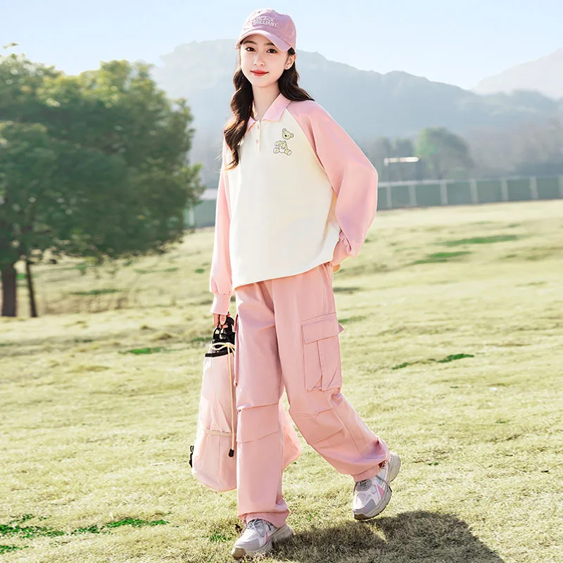 2024 New Girls Casual Sweatshirt Cargo Pants Two Piece Set Korean Fashion Solid Patchwork Sports Children Sets Over 8 Years Old - Image 6