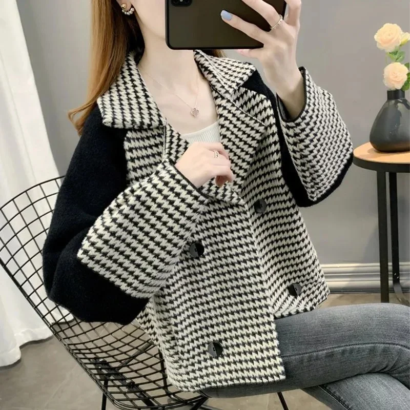 Cappotto corto da donna Cappotto da donna con vestibilità ampia Top pied de poule Giacca blazer cardigan a maniche lunghe da donna primavera autunno