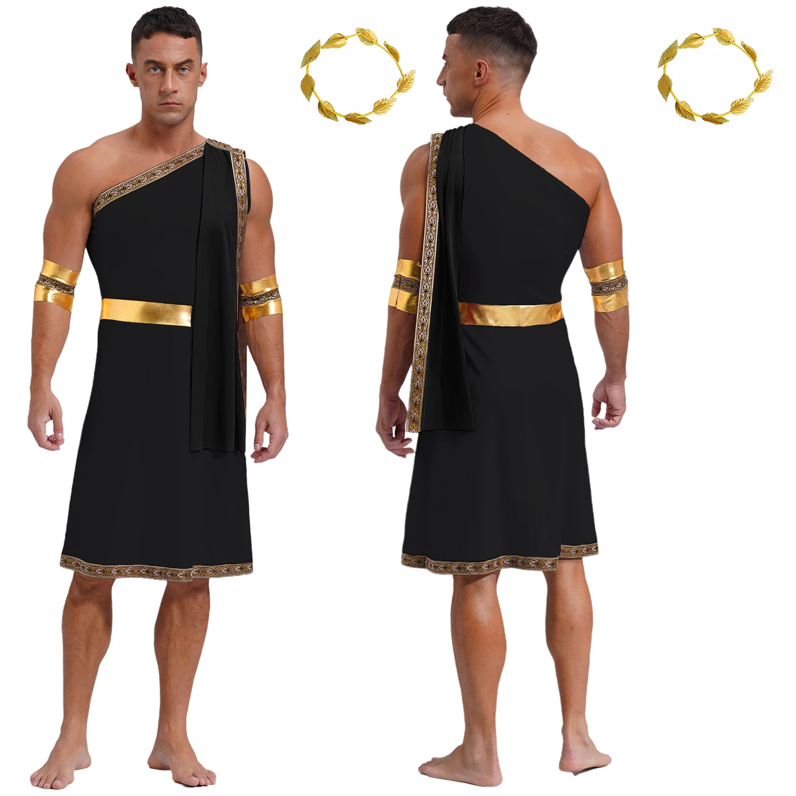 Men's Ancient Greek Toga Cosplay Costume Setgold Leaves Garland Headwear One Shoulder Robe Dress Roleplay Unifrom Festival Party