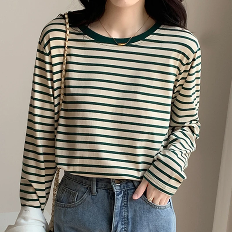 

Cotton Striped T Shirt Women Loose Long Sleeve Tops Korean Fashion T-shirt All-Match Basic Spring Autumn Tshirt Tee Shirts Femme