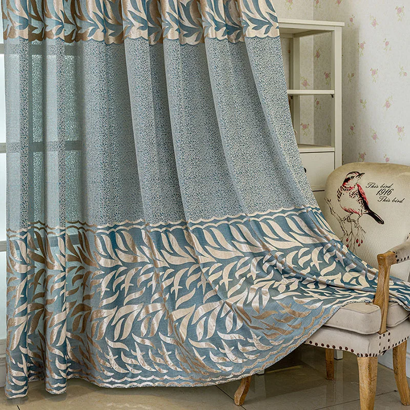 High-End Jacquard Hollow Shading Curtains European Blue Living Room Bedroom Perforated Curtains Luxury Privacy Window Screen