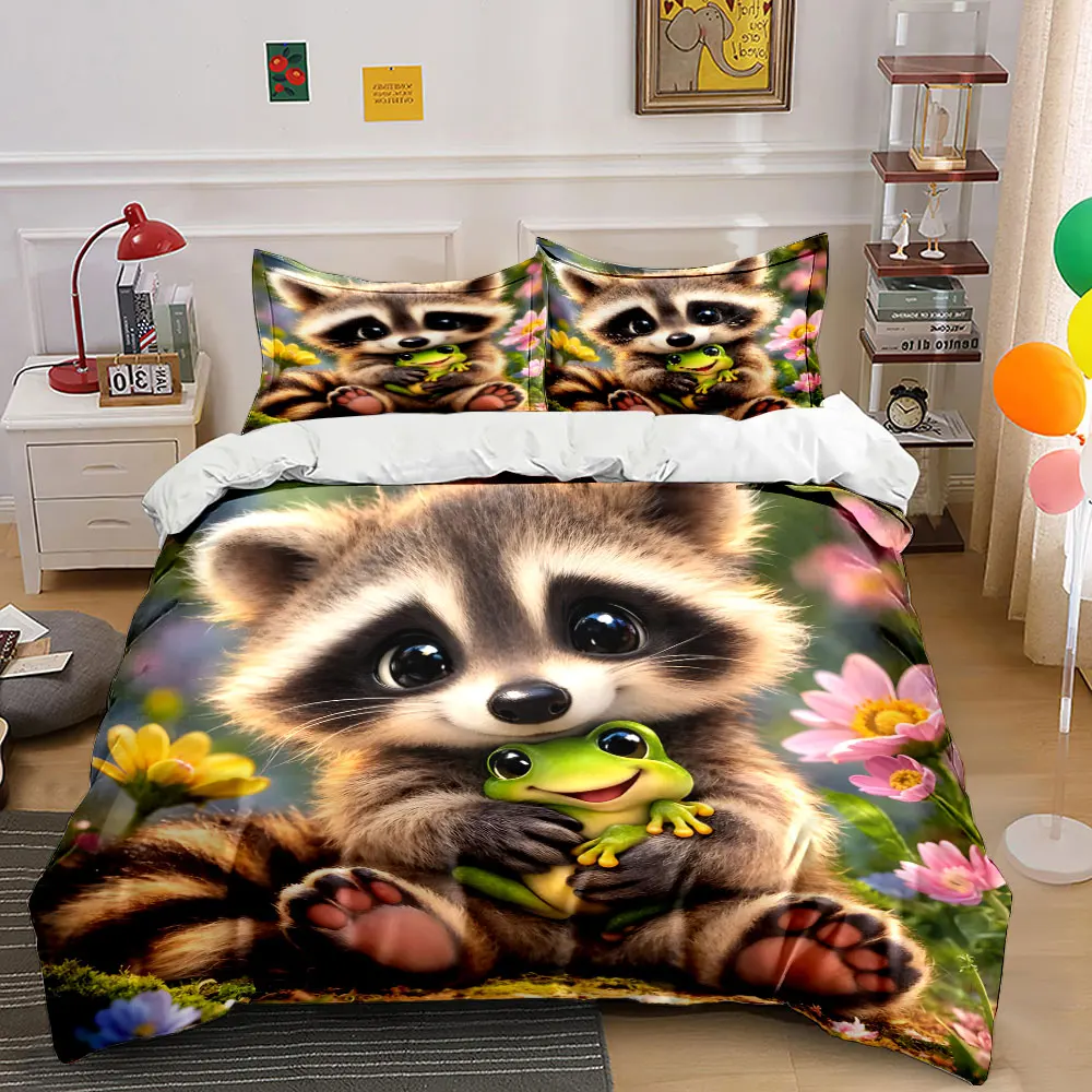 3pcs Cute raccoon holding a frog Print Bedding Set 1 Duvet Cover 2 Pillowcases for Adult and Children Luxury Gift Full Size