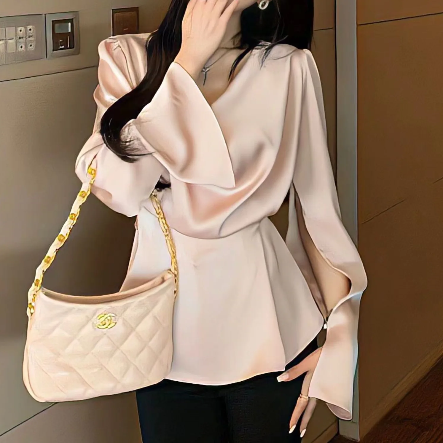 

Temperature Satin Long-sleeved Shirt for Women Irregular Neckline Stacked Flared Sleeves Waist-hugging Straps Slimming Top