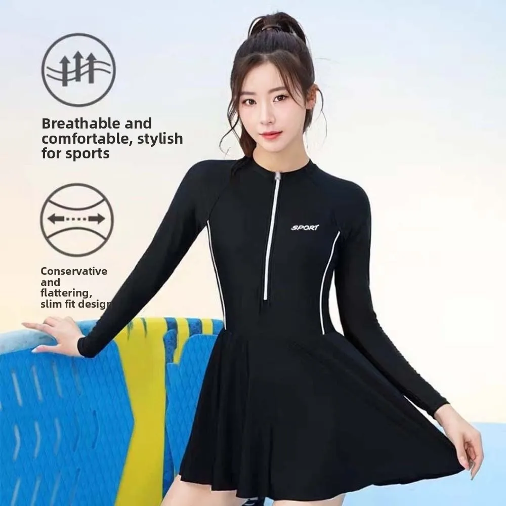 

3pcs Beachwear Long Sleeve Swimsuit Sun Protection Underwater Clothings Women Bathing Suit Smooth Solid Color Beach Swim Skirts