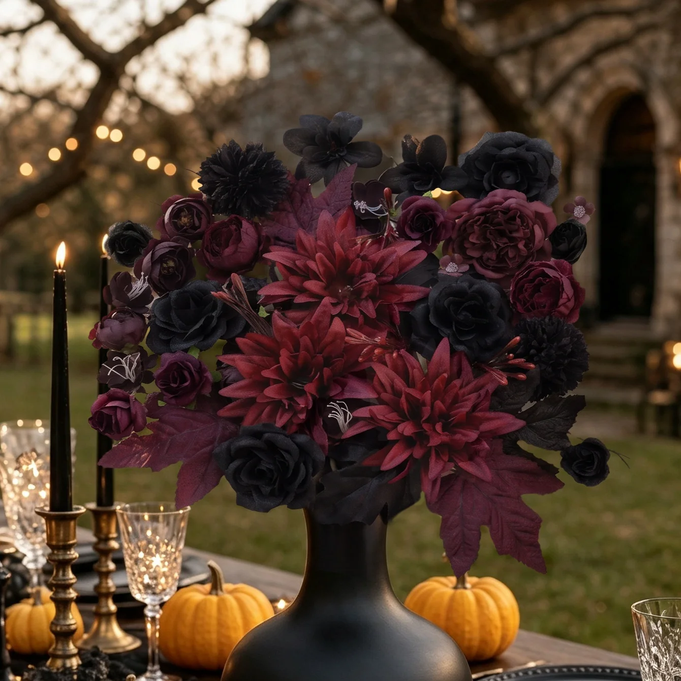 20/25/50 Stück Burgunderrote und Schwarze Künstliche Blumenköpfe aus Seide für Halloween-Dekoration, Dunkle DIY-Kränze, Girlanden und Bastelzubehör – Detail 6