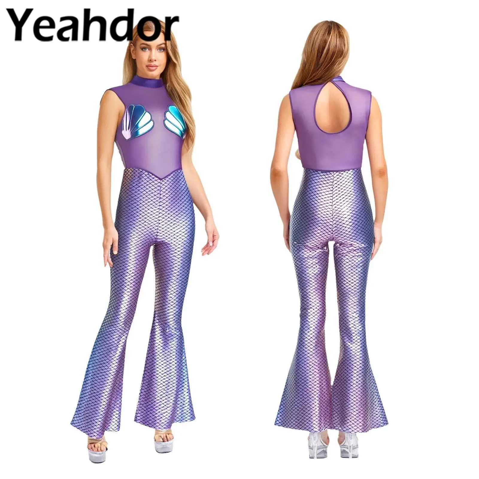 

Mermaid Costume Halloween Cosplay Party Rompers Roleplay Jumpsuit for Womens Sheer Mesh Fish Scale Print Bell Bottom Dress Up