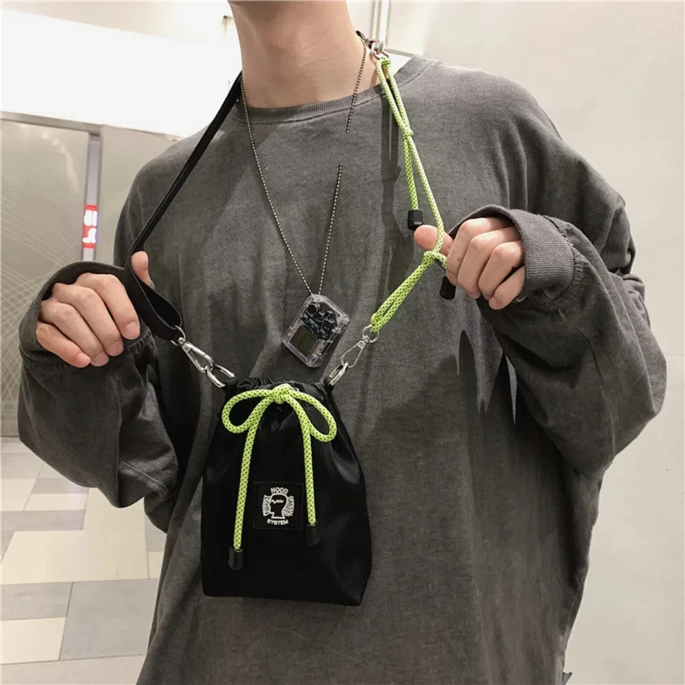 

Повседневная сумка-ведро на шнурке, нейлоновый флуоресцентный цветной ремешок, мужская сумка через плечо, большая вместительная сумка для мобильного телефона в корейском стиле