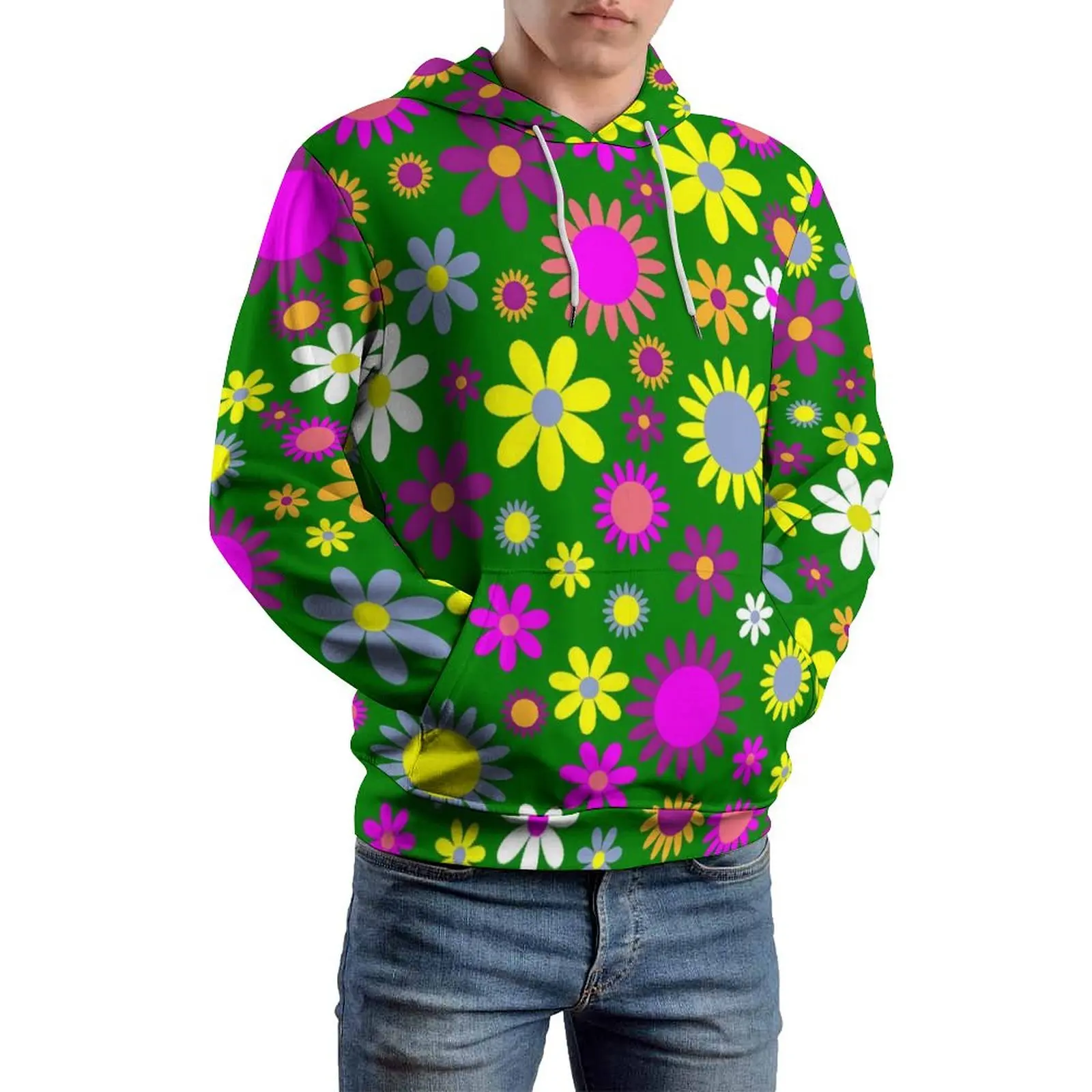 Flower Power Casual Hoodies Bright Floral Classic Hoodie Men Long Sleeve Retro Design Clothing Birthday Present