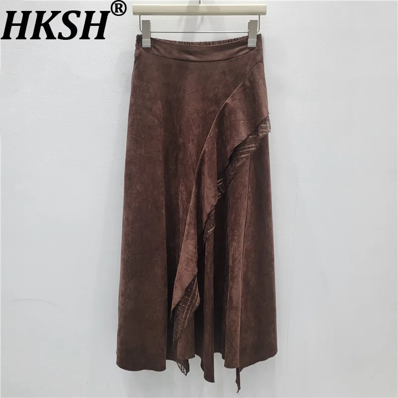 

HKSH весна осень новая женская юбка из искусственной замши в стиле пэчворк с рюшами и кружевом плиссированные асимметричные трапециевидные элегантные высококачественные юбки HK14140