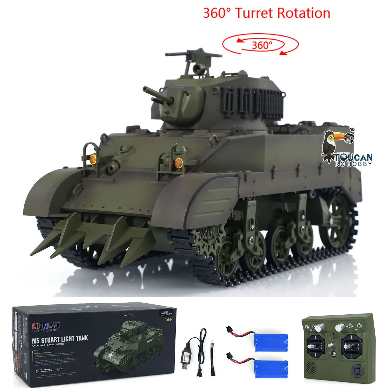 RTR 1/16 RC Tank US M5A1 Stuart VI 360° Remote Control Tanks Model with Two Batteries Radio Mini Vehicle Car Model Toys Gifts