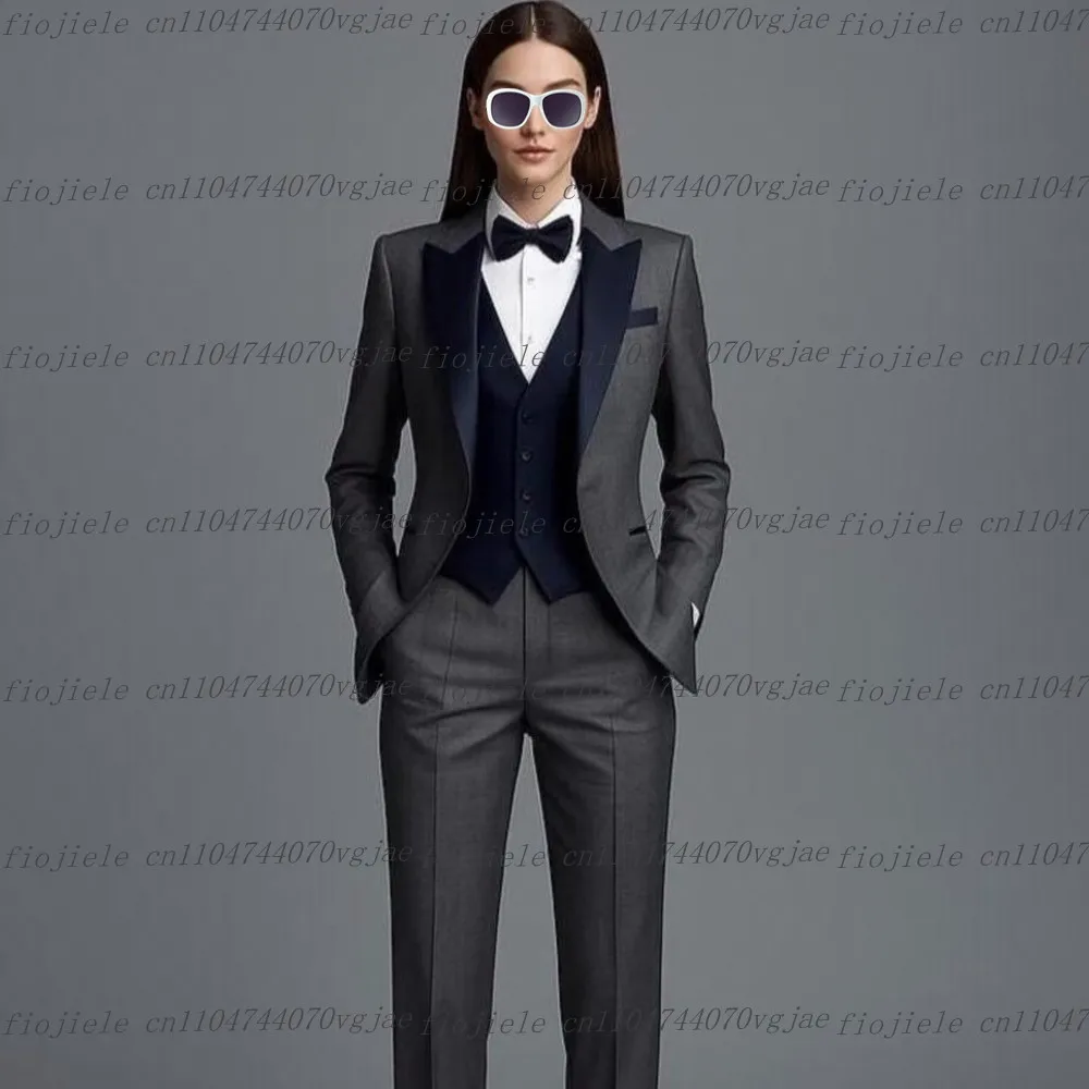 Dark Grey And Navy Blue Formal Business Women Suit Wedding Party Prom Ladies Mother Girl Tuxedos 3 Piece Set Blazer Vest Pants
