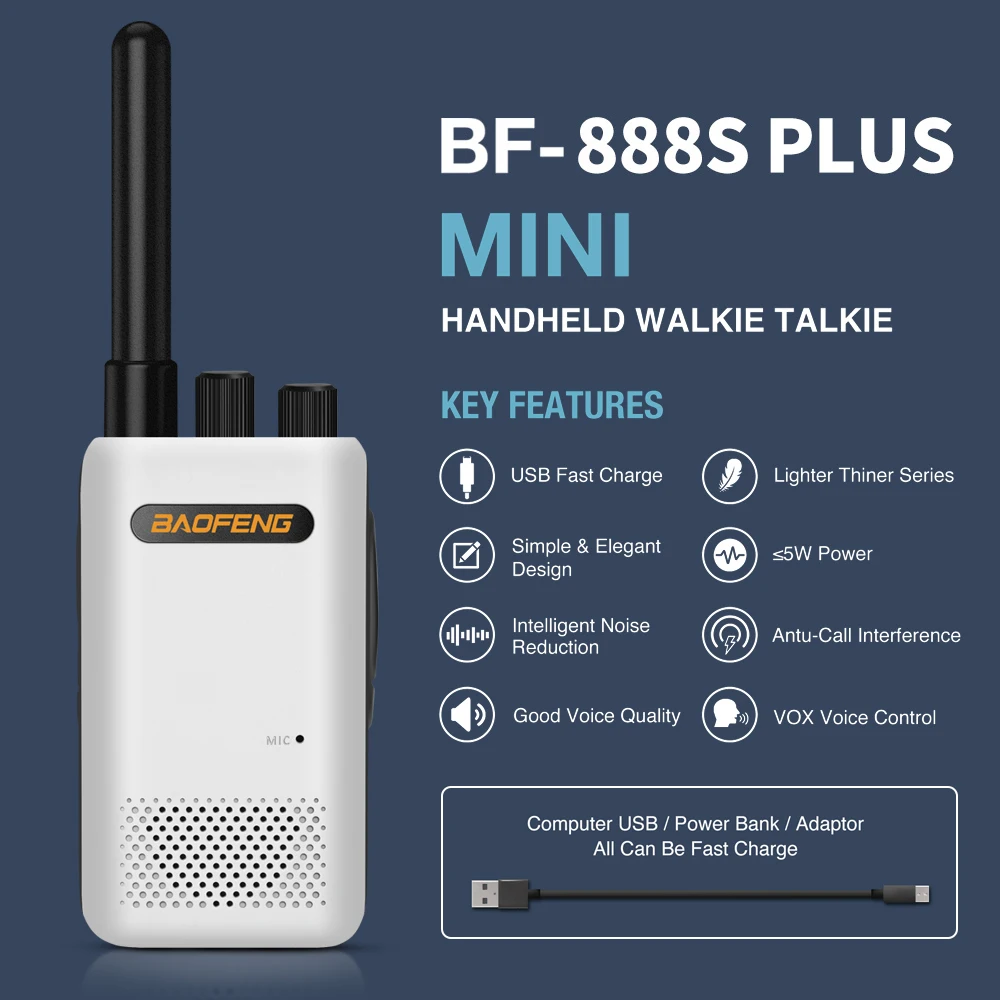 Hot Sale Mini Baofeng Bf-888splus White 5W Walkie-talkie Portable Radio Station Amateur Two Way Receiver Transmitter Transceiver