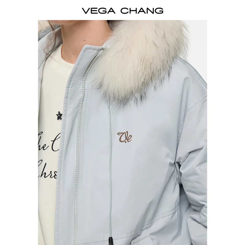 سترة نسائية شتوية جديدة من Vega Chang بياقة من فراء الراكون المخملي #5